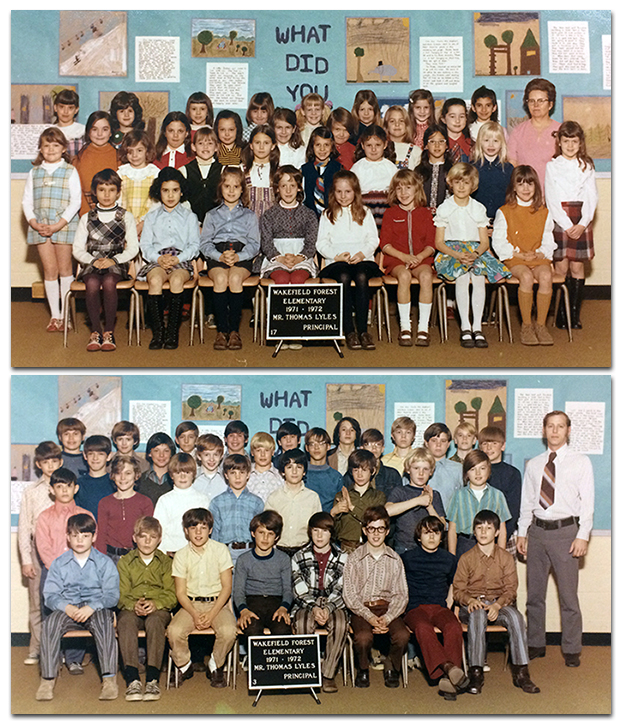 Two color class photographs, one above the other, from the 1971 to 1972 school year. The picture on top is an all-girls class. The picture on the bottom is an all-boys class. There are about 30 children in each class. 