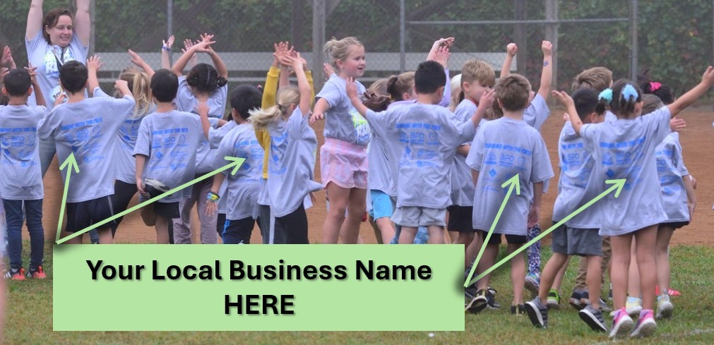 image of students with matching shirts and text box saying "your local business name here"